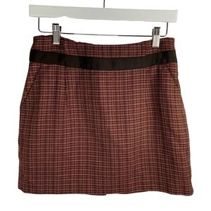 The Limited Wool Blend Plaid Mini Skirt Burgundy Brown Grosgrain Trim Size 2